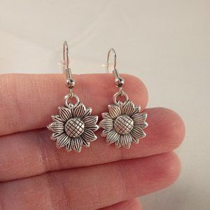 Silver Sunflower Earrings on Hypoallergenic Hooks